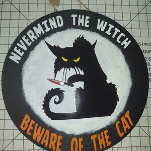 Black Cat, Witch, Halloween, Goth themed handmade wood sign